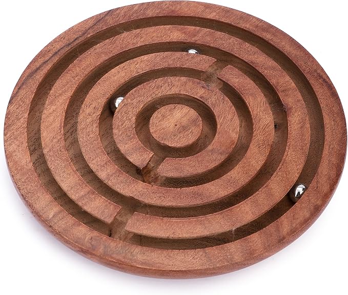 Ajuny Handcrafted Indian Wooden Round Labyrinth Ball Maze Puzzle Board Game Challenging Education Game, Brain Teaser for Kids, Adults