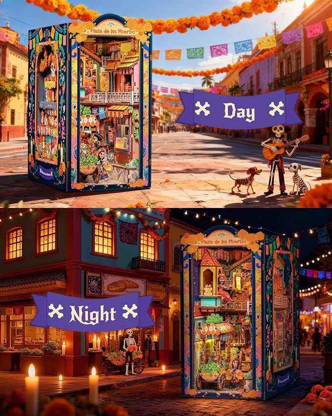 CUTEBEE Book Nook Kit - Mexican Fiesta DIY Miniature Dollhouse, Vibrant LED Bookshelf Decor Alley Model for Adults Teens, Gifts for Family and Friends（Plaza de Los Muertos）