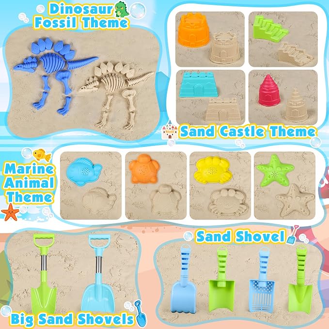 Beach Toys for Kids Toddlers, Sand Castle Toys with Bucket, Water Wheel, Long Shovel, Dinosaur Travel Sand Toys for Beach & Mesh Bag, Sandbox Essentials Toy for Toddlers Kids Baby Boys Girls Age 3-10