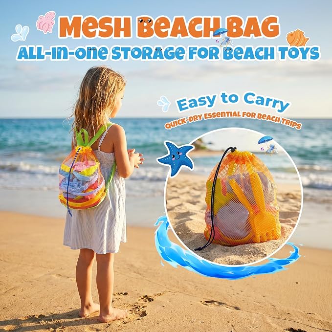 Beach Sand Toys Set for Toddlers, Portable Travel Beach Toys with Collapsible Bucket, Shovel, Rake, Molds & Mesh Storage Bag for Kids, Summer Gift (Tangerine + Ocean Blue)