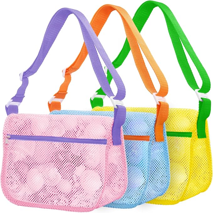 Mesh Beach Bags for Sand Toys - 3 Pack Seashell Collecting Bags with Adjustable Straps, Kids Beach Toy Organizer & Shell Pouch for Boys Girls, Summer Beach Essentials