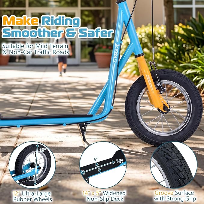 GYMAX Scooter, Kids & Adults Off-Road Scooter with 12" Inflatable Wheels, Adjustable Height Handlebar, V-Type Handbrakes & Axle Pegs for All Terrain, 8+
