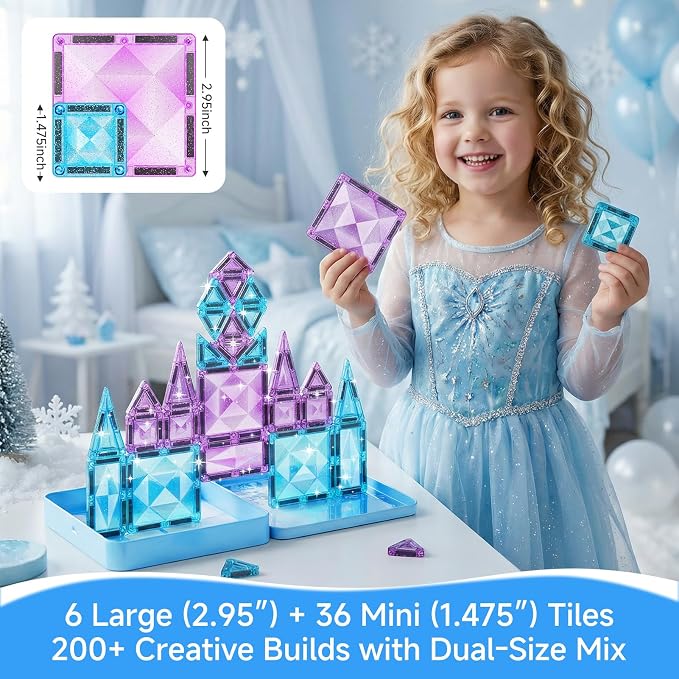 burgkidz Magnetic Travel Tiles for Kids 3-8: 42PCS Large & Small Ice Blue Purple Glitter Blocks – 2-in-1 Storage & Base – 90+ Min Quiet Play, 300+ Builds, 30s Cleanup – Car & Plane Toys for Girls