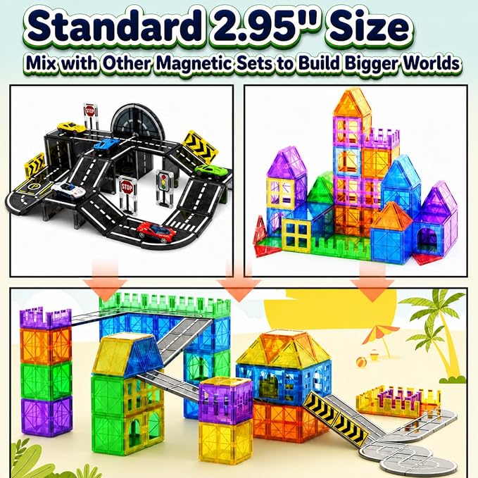 Magnetic Tiles Road Set with Cars, Magnetic Road Building Tiles with 6 Race Cars, Traffic Lights & Road Signs, STEM Construction Toy for Boys Girls Ages 3-5 4-8 5-7, Expansion Magnetic Building