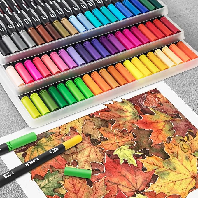 Eglyenlky 60 Coloring Pens for Adult Coloring Books, Dual Tip Brush Pens, Felt Markers with Fine and Brush Watercolor Marker Set for Kid Adult Artist Drawing