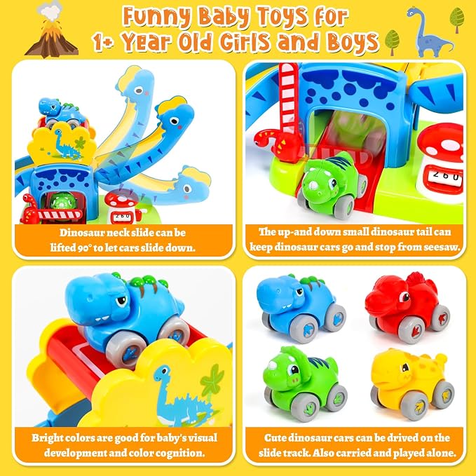 Toddler Toys for 1 2 Year Old Boy Gifts, Dinosaur Slide with 4 Dino Cars Montessori Learning Toys for Baby 12-18 Months, Educational First Birthday Gifts for Kids, Girls, Push Track for Toddlers 1-3