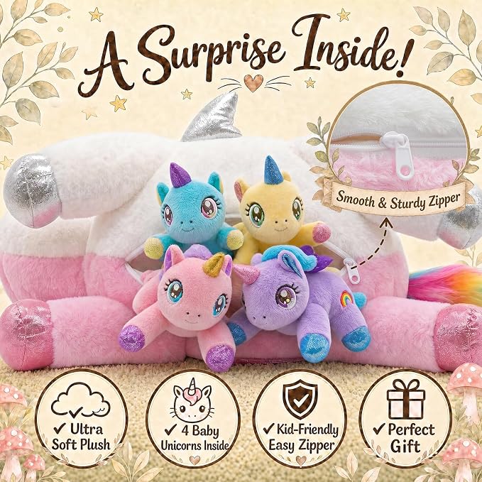 gnomantic Unicorn Stuffed Animals with Babies Inside, Mommy Toy for Kids | 5-Piece set: 1 mommy unicorn + 4 baby unicorns inside. Unzip belly to reveal surprise babies. Ultra-soft, ages 3-8.