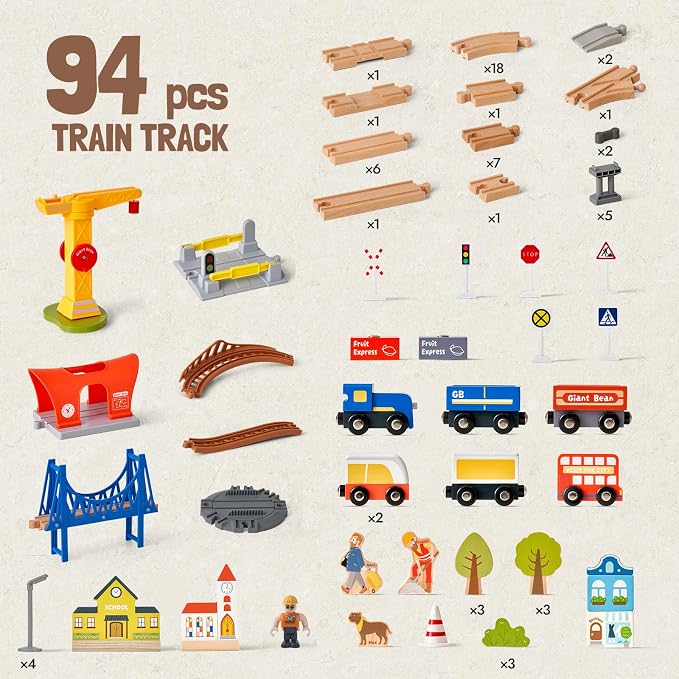 94pcs Wooden Train Set, Modern City Adventure Railway Track for Kids with Bridge, Tunnel, Crane, Town Buildings, Compatible with Most Brand, Christmas Toy Gift for Boys Girls Age 3-8