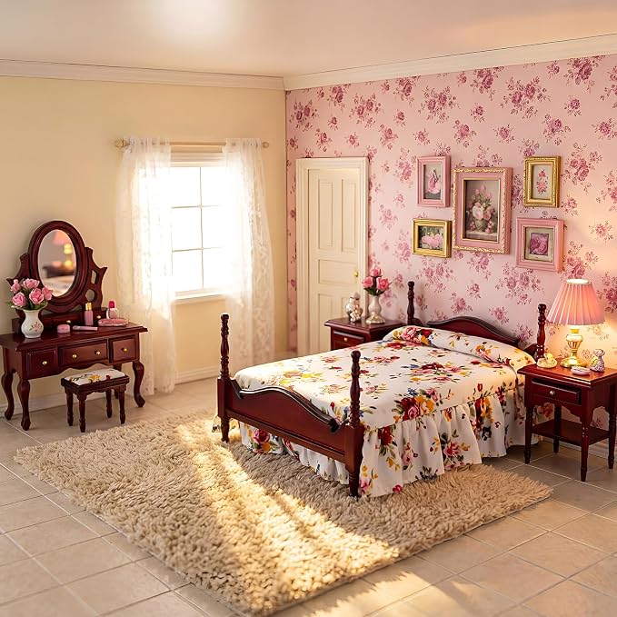 Skylety 7 Pcs Victorian Dollhouse Furniture Set 1: 12 Scale Wooden Mini House Bedroom Furniture and Accessories, Bed Dressing Table Wardrobe Carpet for Adults Toy Gift Miniature Doll House Accessories