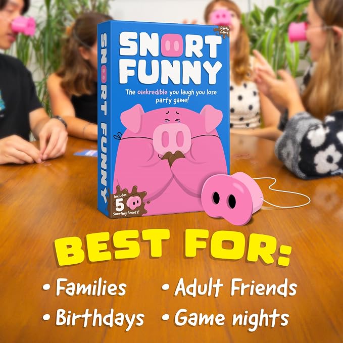 Snort Funny – The Oinkredible You Laugh You Lose Party Game, Family Games for Kids and Adults w/ 150 Challenge Cards, 5 Pig Snouts & Mud Tokens, Funny Games for Friend & Family, 4-8 Players, Ages 8+