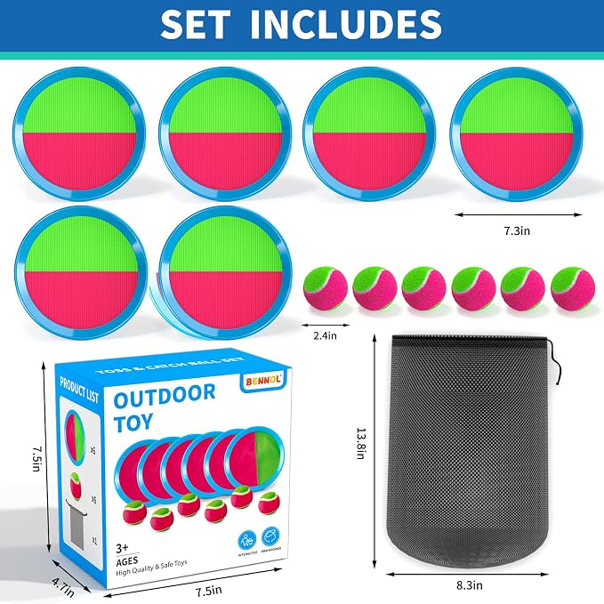 Bennol Toss and Catch Ball Game Outdoor Toys for Kids Outdoor Outside Games Toys for Kids Ages 3 4 5 6 7 8 9 10 Yard Backyard Games Beach Outside (6 Paddle 6 Balls Bulk Set)