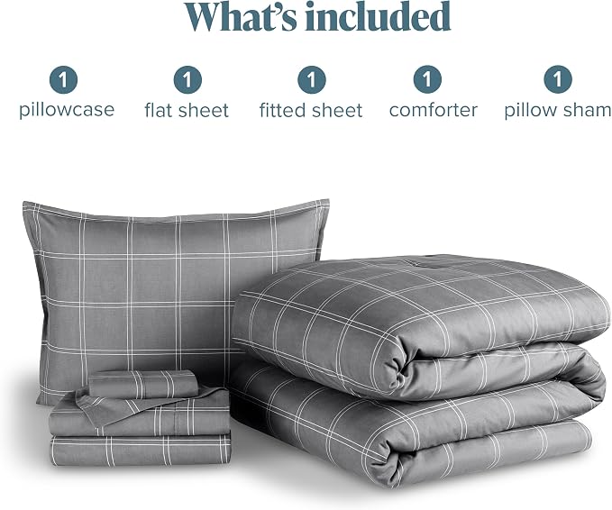 Bare Home Bedding Set 4 Piece Comforter & Sheet Set - Twin XL - Track Stitch - Goose Down Alternative - Ultra-Soft 1800 Premium Bed Set (Twin XL, Modern Plaid - Grey/White)