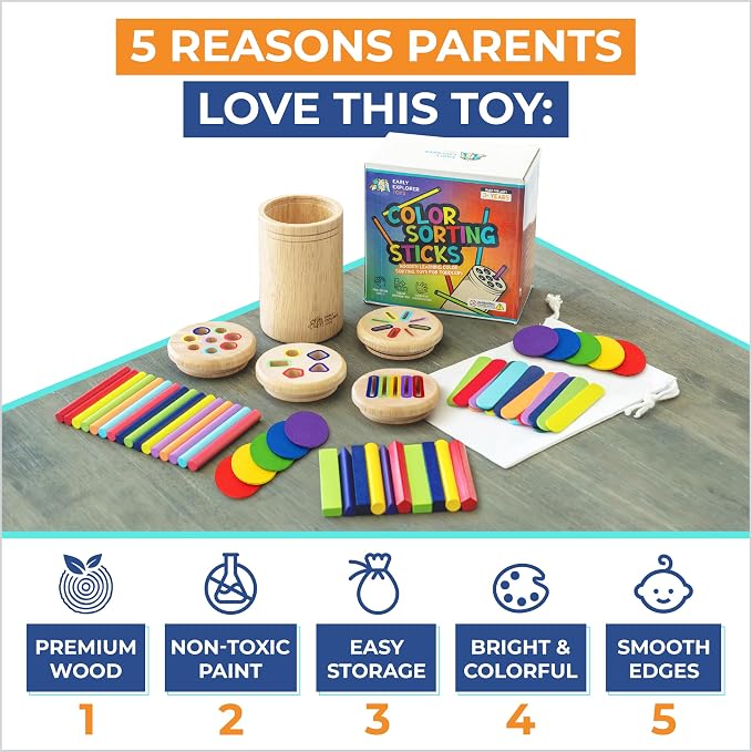 4 in 1 Montessori Toys for 2 3 4 Year Old, Wooden Color Sorting Toys for Toddlers 1-3, Preschool Learning Activities Fine Motor Skills Matching Games, Sensory Color Sorting Toy, Gift for Boy Girl