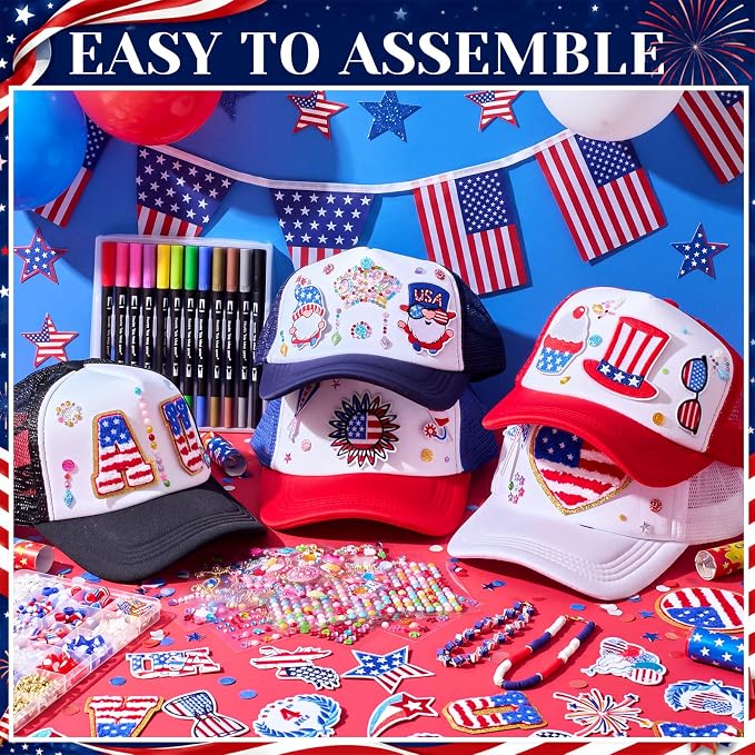 Skicuff 130 Pcs 250th Anniversary 4th of July Patriotic Craft Set, 10 Pcs DIY Red White and Blue Trucker Hats with Stickers Patches Chains USA Chenille Letters Beads for Independence Day Party Decor