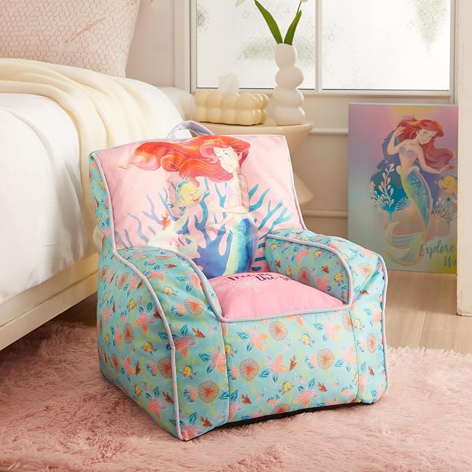 Disney Little Mermaid Kids and Toddler Canvas Bean Bag Chair with Piping & Top Carry Handle