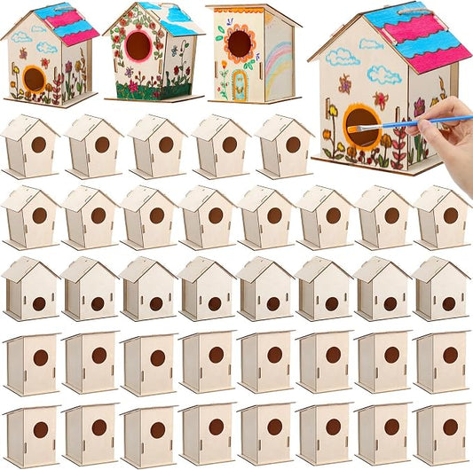 DoubleFill 24 Pcs Bulk Wooden Bird Houses Kits for Kids Mini Bird House for Craft DIY Unfinished Wood Birdhouse to Paint, Build for Children Wooden Arts Classroom Activity, 3 Styles