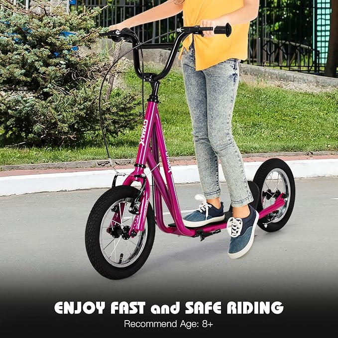 GYMAX Scooter, Kids & Adults Off-Road Scooter with 12" Inflatable Wheels, Adjustable Height Handlebar, V-Type Handbrakes & Axle Pegs for All Terrain, 8+