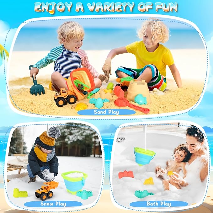 HUITEM Beach Sand Toys for Kids Sandbox Toys with 2 Collapsible Bucket Sand, 2 Dump Truck, Dinosaur Molds, Sand Castle Kit, Shovel Sieve,Flags,Mesh Bag Travel Beach Toys for Toddler 3-10