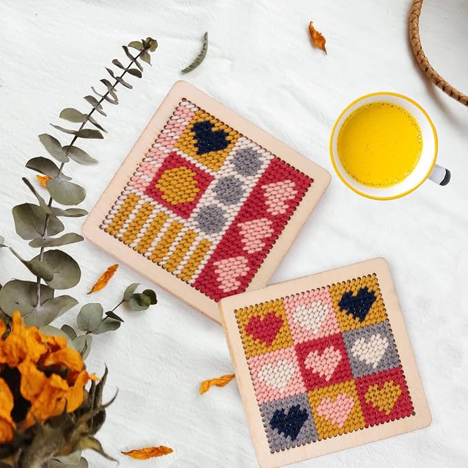 Yushen 4Pcs Heart Coaster Needlepoint Kit for Adult Cross Stitch Kits DIY Adults Needlepoint Embroidery Starter Set with Patterns Embroidery Needles Threads Crafts (Love)