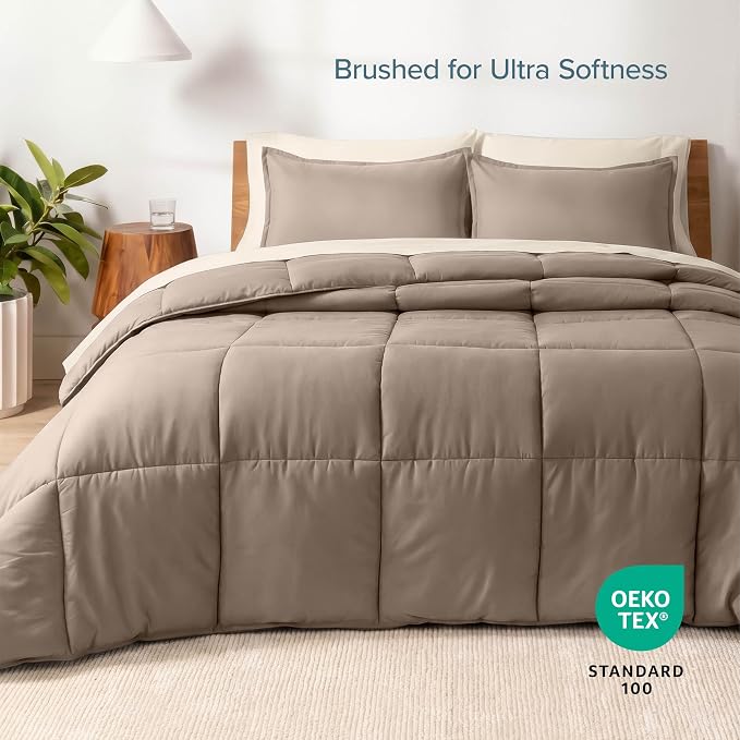 Bare Home Bed-in-A-Bag 5 Piece Comforter & Sheet Set - Twin XL - Goose Down Alternative - Ultra-Soft 1800 Premium Bed Set (Twin XL, Taupe/Sand)