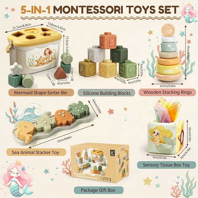 Baby Toys for 6-12 Months, Montessori Toys for Babies 6 Months+ | Shape Sorter, Stacking Rings, Sensory Baby Blocks, Educational Montessori Toys for 6+ Months, Neutral Baby Birthday Gift Set