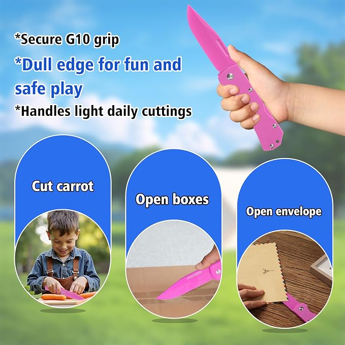 JIN Alpha Kids Pocket Knife, Fidget Toy, DIY Making Kit, Folding EDC, Fake Knives, Safe for Kids, Pink G10 Blade & Handle, Girls Gift, Camping Tool