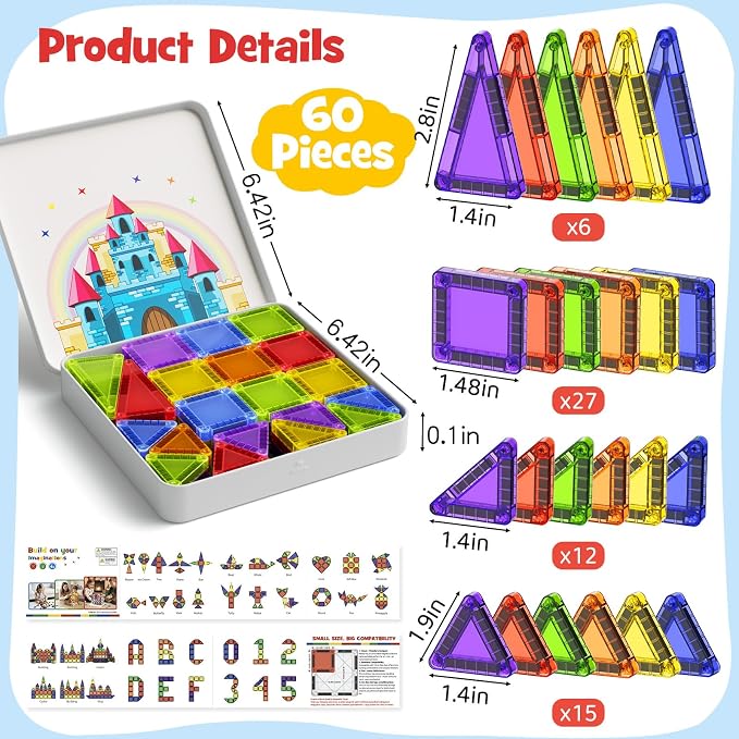 Magnetic Tiles Mini Travel Toddler Set 60pcs Magnetic Blocks Building Kids Toys, Montessori Preschool Classroom Must-Haves Educational Learning Sensory Toys for 3+ Year Old Boys