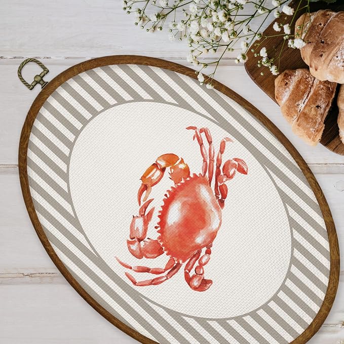 WULQYING Coastal Beach Red Crab Wall Art Decor, Beach Nursery Oval Framed Canvas Art Prints, Neutral Striped Nautical Ocean Crab Wall Hanging Decor for Home Bedroom Kids Nursery Room, 8.6x11.4 Inches