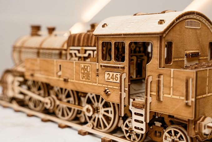 Wood Trick Grand Traveler 246 Wooden Train Set w/Railway - Rides up to 20ft - 16x4″ - Locomotive Model Kit - 3D Wooden Puzzles for Adults to Build - Engineering DIY Models for Adults to Build