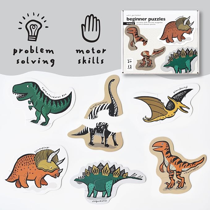 Wee Gallery Dinos Beginner Puzzle - Jigsaw Puzzles for Toddlers - Sensory Toys Promoting Cognitive & Motor Development - Sustainable Learning Toys for Toddler, Kids (12 Pieces, 6 Puzzles)