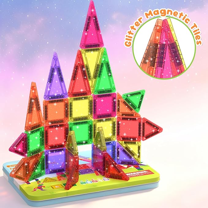 46PCS Glitter Magnetic Tiles, Mini Magnetic Tiles Travel Set with Storage Case, Portable Magnetic Blocks Building Toys for Toddlers Kids Ages 3+ Classroom Learning Toys for Boys Girls Birthday Gift