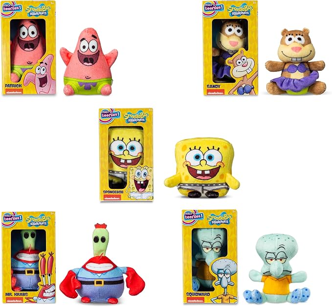 Micro Teenies - Spongebob Square Pants 5-Pack - Collectible Miniature Plush Figure, Suffed Animal, Toy Mini Soft Figure for Kids Ages 4+