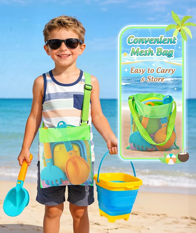 DUDUCOFU Collapsible Beach Sand Toys for Kids Toddlers, Collapsible Sand Buckets Sifter and Shovels Rake Diving Gem Pool Toy Set with Mesh Bag, Travel Beach Vacation Essentials Toys for Boys Girls