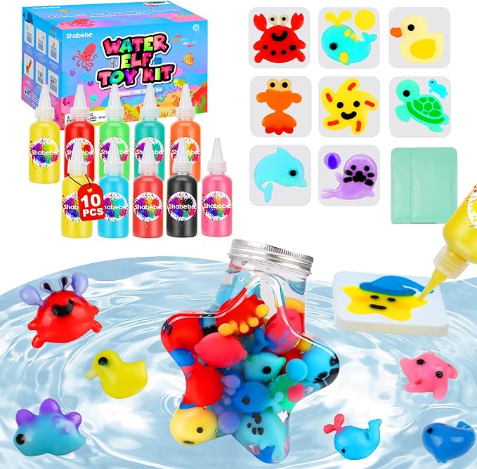 Shabebe Magic Water Elf Toy Kit– 10 Magic Gels & 8 Sea Creature Molds, DIY Aqua Fairy Water Gel Crafts Toy, Make Water Pets & Squishy Figures, Fun Birthday Gift for Kids Ages 3+