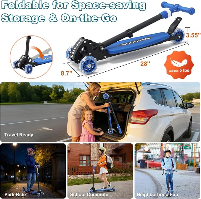 3 Wheel Kids Kick Scooter for Ages 3-12, Lean-to-Steer, Light-Up Wheels, 3-Level Adjustable Handlebar 27.5”-33”, Wide Non-Slip Deck, Dual Rear Brake,Travel Foldable, for Boys & Girls Toy Gifts