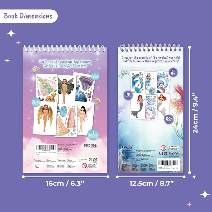 BSCOOL Angels & Fairies and Mermaid Sticker Dress Up Activity Book 2-Pack for Girls Ages 5+ – 200+ Stickers – Fantasy Paper Doll Books – Birthday Gift for Kids