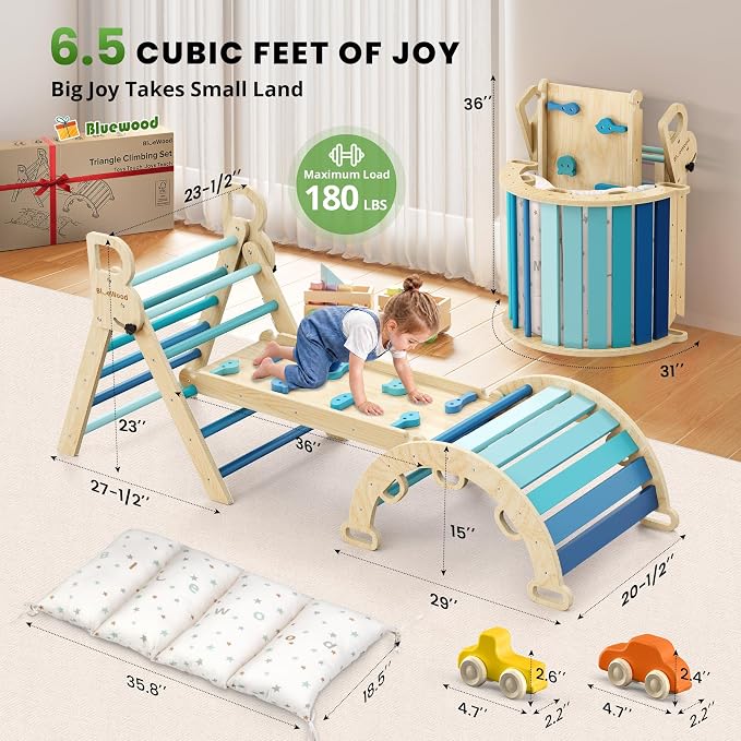 BlueWood Pikler Triangle Set with Cushion - Climbing Toys for Toddlers 9-in-1, Montessori Philosophy Play Jungle Gym with Arch, Ramp, Ladder (Blue)