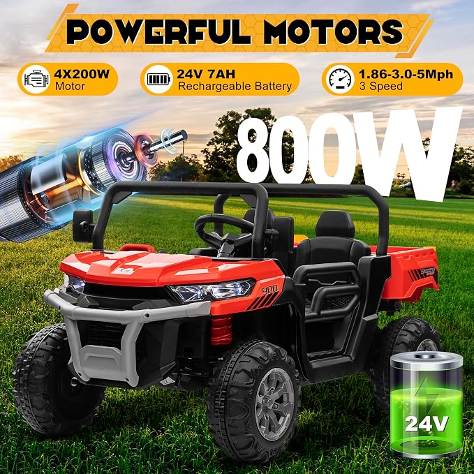 24V 4WD Ride on Car Dump Truck w/4X200W Motor, 2 Seaters, Gift Flower, 2.4G Remote Control, Bluetooth Music, LED Light, 24 Volt Ride on Toy Cars for Big Kids, Red