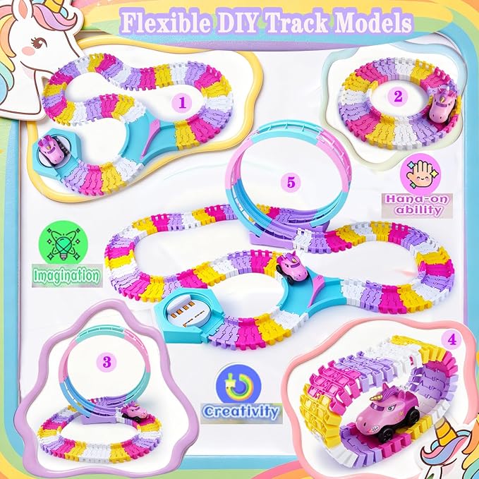 Unicorn Toys Car Race Tracks for Kids, 360° Flexible DIY Magic Racing Monster Tracks Toy with 3 Vehicle, Toddler Toys Birthday Gifts for 3 4 5 6 7 Year Old Girl