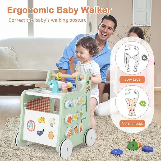 HONEY JOY Baby Push Walker, 6-in-1 Wooden Play Kitchen Walker Activity Center w/Shape Sorter, Develop Motor Skills & Creativity, Push Toys for Babies Learning to Walk, Gift for Boys and Girls