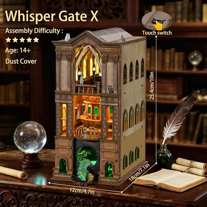 Book Nook Magic Kit - DIY Miniature House Kit for Adults, Teens, Dollhouse Booknook Bookshelf Insert Decor with LED Light, 3D Wooden Puzzle Gifts for Family, Friends(Whisper Gate X)