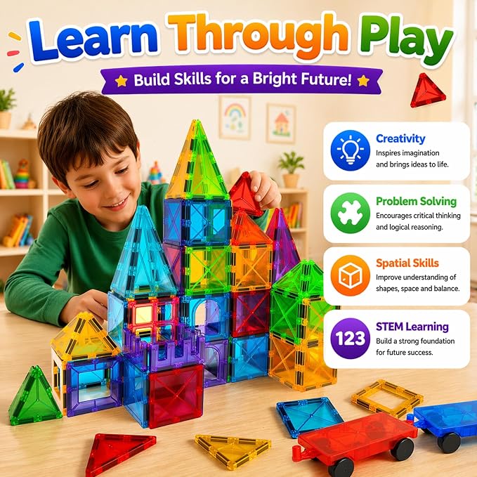LATI 130-Piece Magnetic Tiles Building Toy Large Set for Kids,Magnetic Building Blocks Construction Set,Open-Ended Play STEM Educational Toy,Compatible with Other Brands,Gift for Boys & Girls Ages 3–8