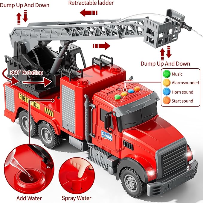 NIPLOOOW Kids Fire Truck Toy Friction Powered Fire Rescue Truck Vehicle Toy with Lights and Sirens Sounds, Water Pump, Ladder, Gifts for 3 4 5 6 7 8 Years Old Boys Girls
