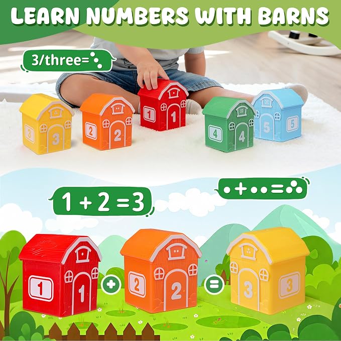 Montessori Toys for Toddlers, 20Pcs Farm Animal Toy Counting, Matching, Sorting Preschool Learning Toy Barn Toy including 10 Barns,10 Finger Puppets and 2 Stickers Birthday Gift Baby Boys Girls
