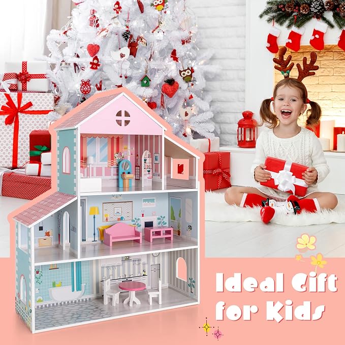 HONEY JOY Dollhouse with 8 Pcs Furniture, 3-Level Wooden Doll House, Pretend Play Kids Doll’s House, Princess Mini Toy House Furniture Playset, Gift for Little Girls(Pink, 2.8 FT)