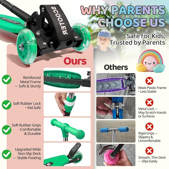Kick Scooters for Kids 5-7 8-12,Lean to Steer,Three Wheeled Light Up,28"-32" Adjustable Handlebar,Widen Anti-Slip Deck,Floor Push Scooter for Boys Girls Ages 6-12 3-4 Old,Foldable for Travel