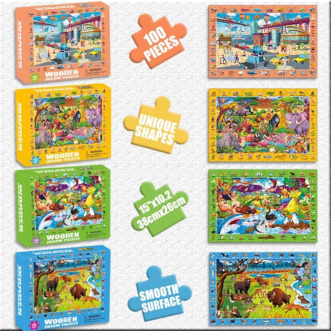 100 Piece Puzzles for Kids Ages 4-6 8-10, Safe Educational Jigsaw Puzzles Wildlife, Jungle, Fantasy & City Life, Fun Learning Toys Gifts for Boys Girls 4-Pack