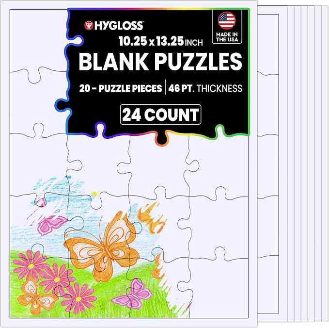 Hygloss 24 Blank Jigsaw Puzzles – 10.25 x 13.25 Inch, 20 Pieces Each – DYI Party invites, Perfect for Decorating, Kids' Activities, Arts & Crafts or Party Favors - Puzzle Pieces to Draw On for Crafts