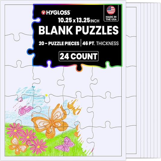 Hygloss 24 Blank Jigsaw Puzzles – 10.25 x 13.25 Inch, 20 Pieces Each – DYI Party invites, Perfect for Decorating, Kids' Activities, Arts & Crafts or Party Favors - Puzzle Pieces to Draw On for Crafts