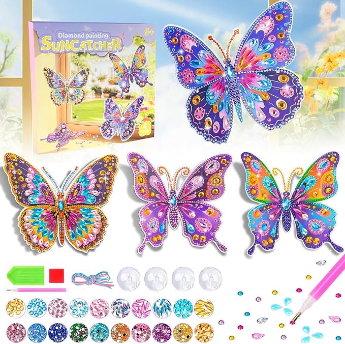 LCOZX 4 Pack Butterfly Diamond Art Window & Wall Art Kit, DIY Gem Art Suncatcher Crafts for Kids Ages 6-12, Birthday Gifts for Girls, Bedroom, Cabinet & Glass Decor